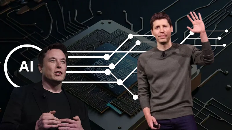 Elon Musk and Sam Altman face each other in a split-screen style news image.