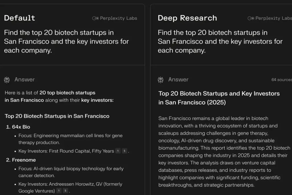 Screenshot of the Perplexity AI Deep Research tool interface, showing a clean, minimalist design with search results.