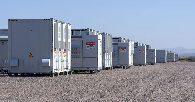 Expansive view of a utility-scale battery energy storage system (BESS) facility, illustrating critical infrastructure for a modern, reliable electricity grid.