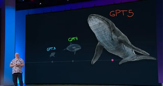 Analogy depicting GPT-3 as a shark and GPT-4 as an orca, representing the escalating power and infrastructure needs of OpenAI's AI models.